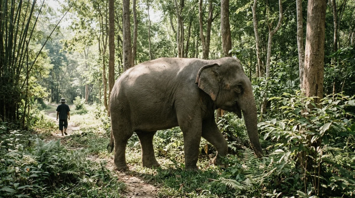 An elephant walking freely without chains beside its mahout at a no-riding, no-show ethical elephant sanctuary near Bangkok